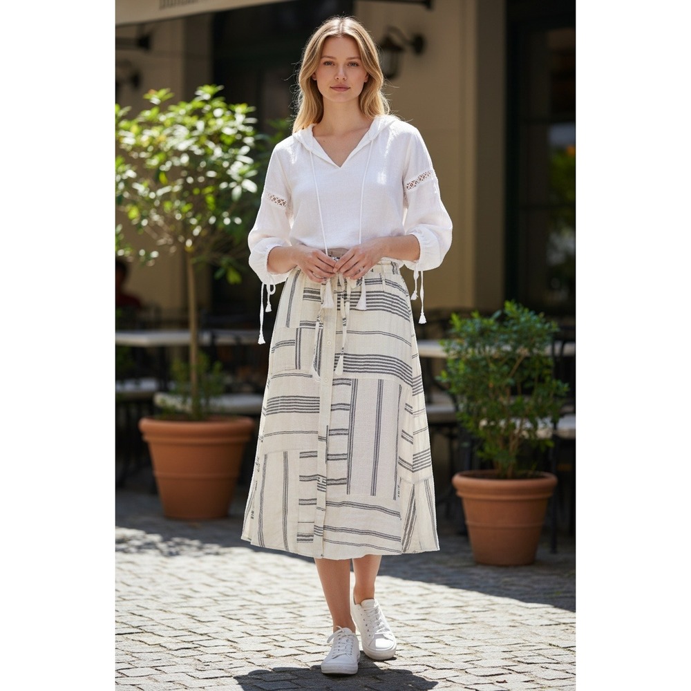 Polo Ralph Lauren Midi Skirt SZ 8 belted Cream Navy Blue Striped Linen Patchwork